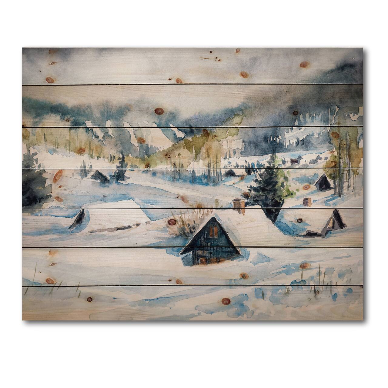 Designart - Mountain Village In Winter - Traditional Print on Natural Pine Wood
